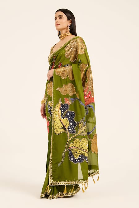 Shop Ruhr India Green Organza Embroidery Round Neck Padmini Hand Saree Set Online at Aza Fashions Shop_Ruhr India_Green Organza Embroidery Round Neck Padmini Hand Saree Set _Online_at_Aza_Fashions