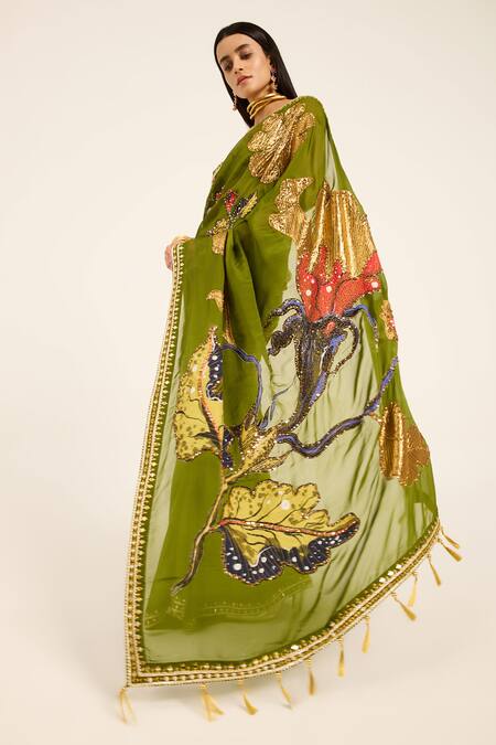 Ruhr India Green Organza Embroidery Round Neck Padmini Hand Saree Set at Aza Fashions Ruhr India_Green Organza Embroidery Round Neck Padmini Hand Saree Set _at_Aza_Fashions