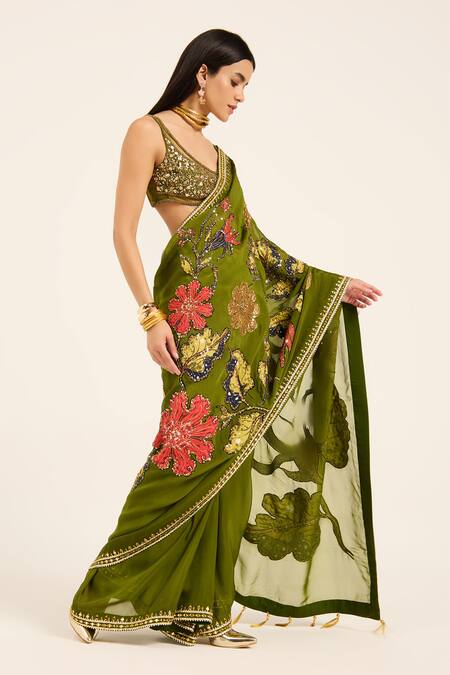 Buy Ruhr India Green Organza Embroidery Round Neck Padmini Hand Saree Set Buy_Ruhr India_Green Organza Embroidery Round Neck Padmini Hand Saree Set