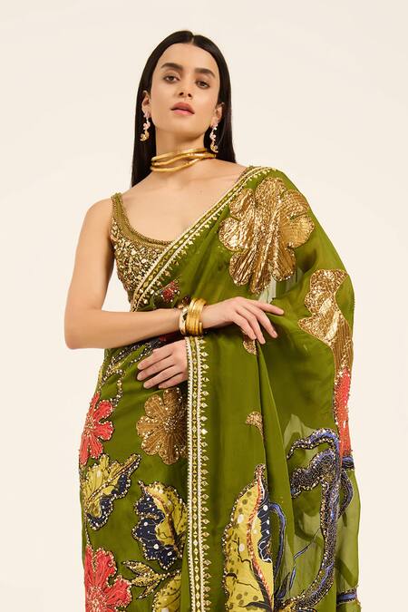 Shop Ruhr India Green Organza Embroidery Round Neck Padmini Hand Saree Set Shop_Ruhr India_Green Organza Embroidery Round Neck Padmini Hand Saree Set