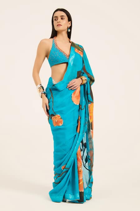 Ruhr India Aqua Organza Embroidery, Beads Halter Neck Phirozi Blue Hand Aneri Saree Set Online at Aza Fashions Ruhr India_Aqua Organza Embroidery, Beads Halter Neck Phirozi Blue Hand Aneri Saree Set _Online_at_Aza_Fashions