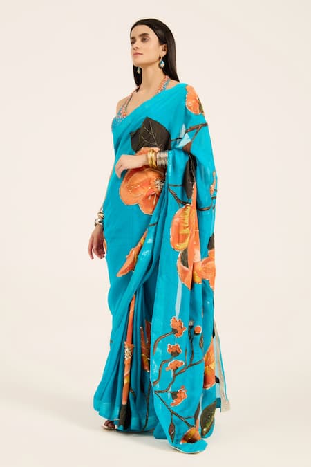 Buy Ruhr India Aqua Organza Embroidery, Beads Halter Neck Phirozi Blue Hand Aneri Saree Set Online at Aza Fashions Buy_Ruhr India_Aqua Organza Embroidery, Beads Halter Neck Phirozi Blue Hand Aneri Saree Set _Online_at_Aza_Fashions