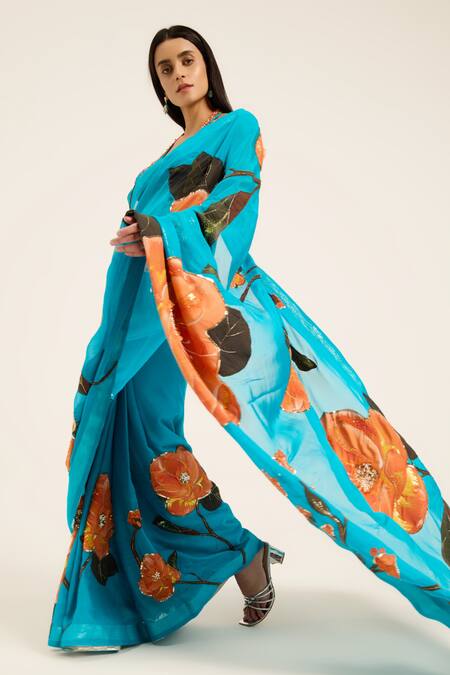 Shop Ruhr India Aqua Organza Embroidery, Beads Halter Neck Phirozi Blue Hand Aneri Saree Set Online at Aza Fashions Shop_Ruhr India_Aqua Organza Embroidery, Beads Halter Neck Phirozi Blue Hand Aneri Saree Set _Online_at_Aza_Fashions