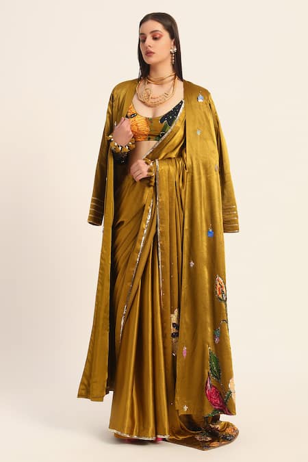 Ruhr India_Yellow Satin, Chiffon Embroidery Round Neck Designer Akshara Saree Set _Online_at_Aza_Fashions