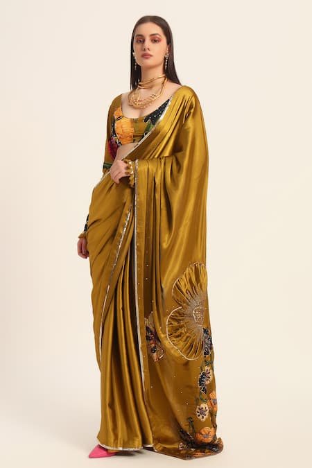 Buy_Ruhr India_Yellow Satin, Chiffon Embroidery Round Neck Designer Akshara Saree Set _Online_at_Aza_Fashions