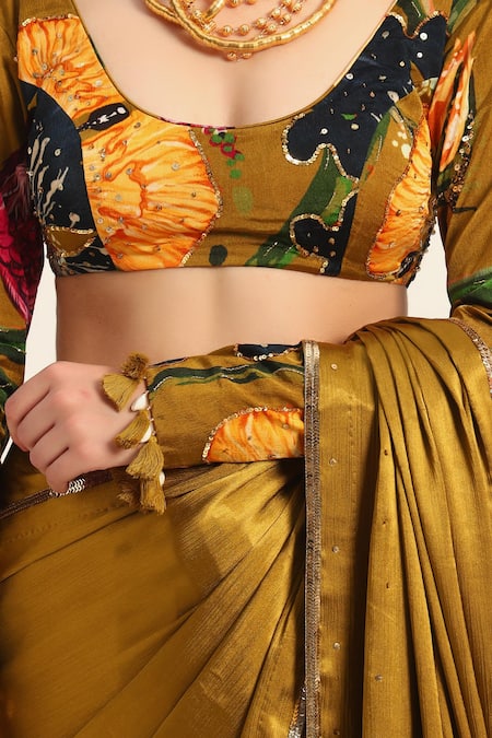 Shop_Ruhr India_Yellow Satin, Chiffon Embroidery Round Neck Designer Akshara Saree Set _Online_at_Aza_Fashions