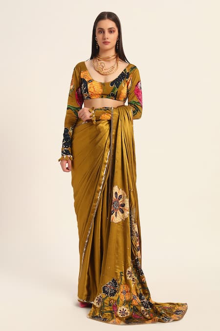 Ruhr India_Yellow Satin, Chiffon Embroidery Round Neck Designer Akshara Saree Set _at_Aza_Fashions