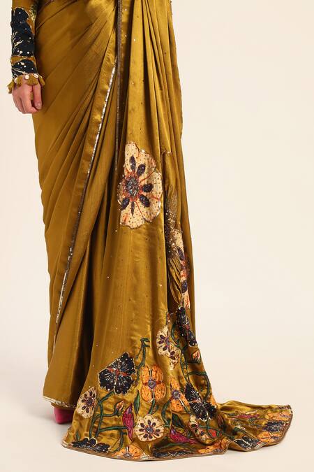 Buy_Ruhr India_Yellow Satin, Chiffon Embroidery Round Neck Designer Akshara Saree Set 