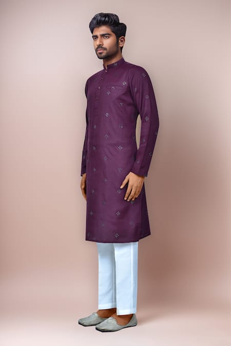 Shop Arihant Rai Sinha Purple Cotton, Silk Sequins Geometric Embroidered Kurta Set Online at Aza Fashions Shop_Arihant Rai Sinha_Purple Cotton, Silk Sequins Geometric Embroidered Kurta Set _Online_at_Aza_Fashions