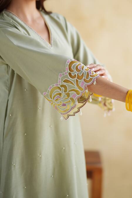 Shop_172 Threads_Green Muslin, Modal, Satin, Organza Embroidery Pistachio Kurta Set With Dupatta _Online_at_Aza_Fashions