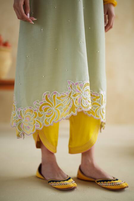 172 Threads_Green Muslin, Modal, Satin, Organza Embroidery Pistachio Kurta Set With Dupatta _at_Aza_Fashions