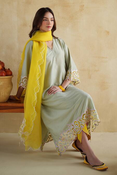 Shop_172 Threads_Green Muslin, Modal, Satin, Organza Embroidery Pistachio Kurta Set With Dupatta 