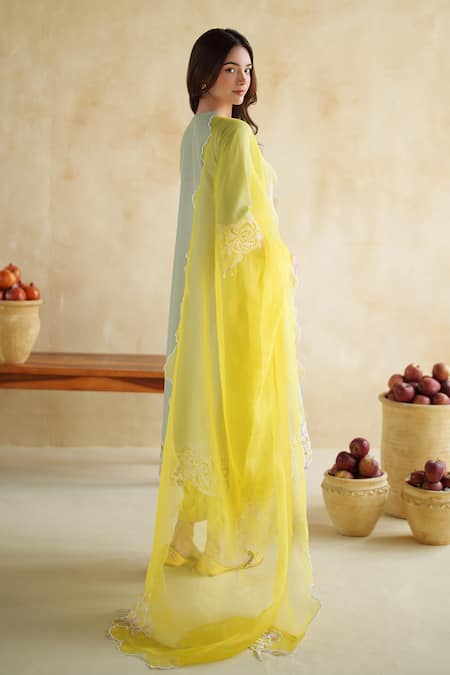172 Threads_Green Muslin, Cotton, Modal, Satin Embroidery V-neck Pistachio Kurta Palazzo Set _Online_at_Aza_Fashions