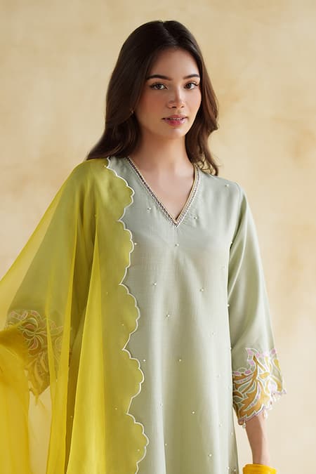 Shop_172 Threads_Green Muslin, Cotton, Modal, Satin Embroidery V-neck Pistachio Kurta Palazzo Set _Online_at_Aza_Fashions