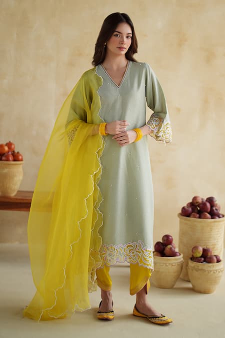 172 Threads_Green Muslin, Cotton, Modal, Satin Embroidery V-neck Pistachio Kurta Palazzo Set _at_Aza_Fashions