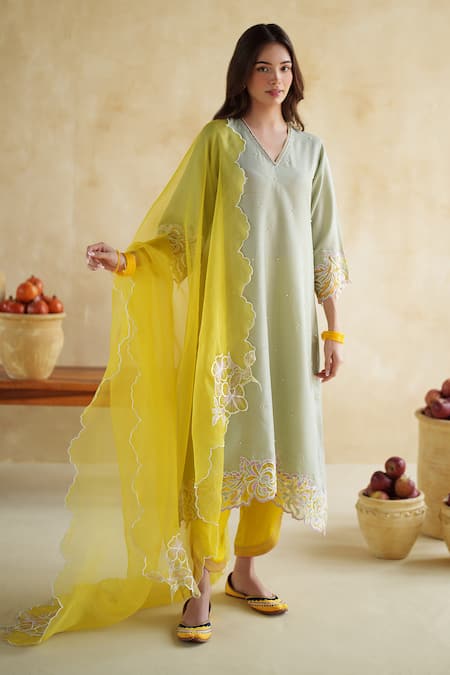 Buy_172 Threads_Green Muslin, Cotton, Modal, Satin Embroidery V-neck Pistachio Kurta Palazzo Set 