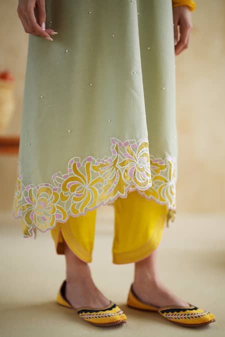 Shop_172 Threads_Green Muslin, Cotton, Modal, Satin Embroidery V-neck Pistachio Kurta Palazzo Set 
