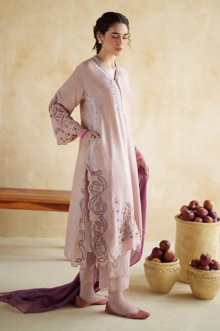 Shop_172 Threads_Lilac Muslin, Cotton, Organza Embroidery Dusty Rose Kurta Set With Dupatta _Online_at_Aza_Fashions