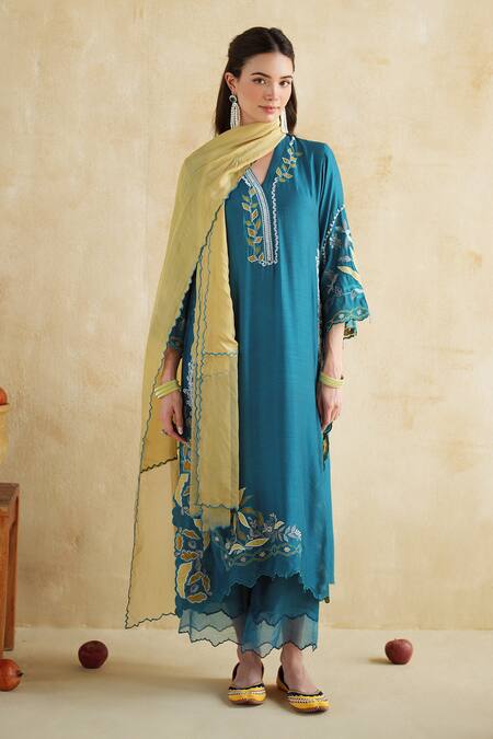 Shop_172 Threads_Green Muslin, Cotton, Organza Embroidery Round Neelbari Kurta Set With Dupatta _Online_at_Aza_Fashions