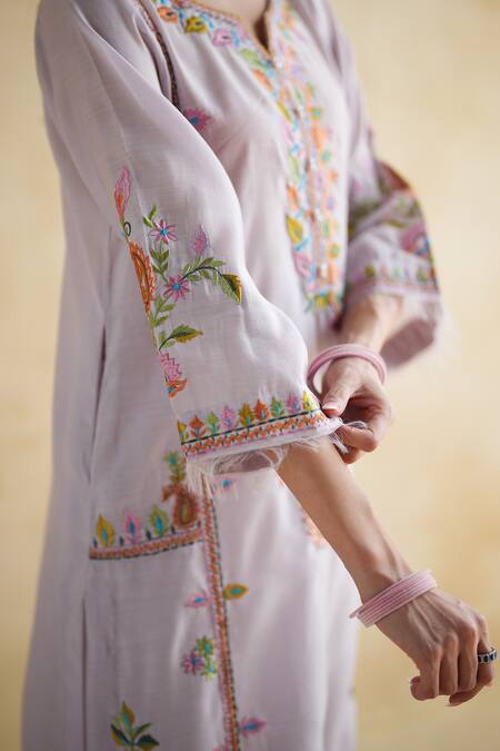 172 Threads_Purple Muslin, Cotton Embroidery Round Neck Lavender Kurta Set _Online_at_Aza_Fashions