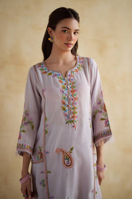 Buy_172 Threads_Purple Muslin, Cotton Embroidery Round Neck Lavender Kurta Set _Online_at_Aza_Fashions