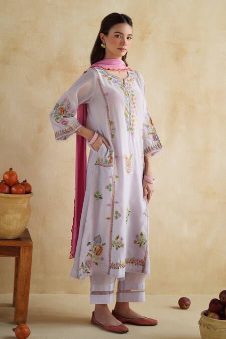 172 Threads_Purple Muslin, Cotton Embroidery Round Neck Lavender Kurta Set _at_Aza_Fashions