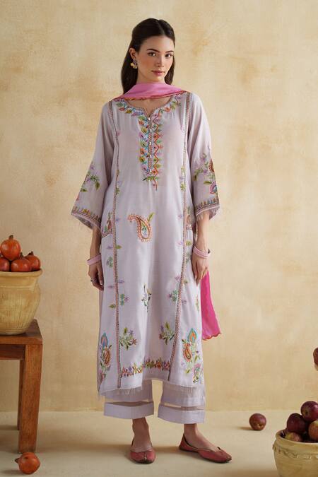 Buy_172 Threads_Purple Muslin, Cotton Embroidery Round Neck Lavender Kurta Set 