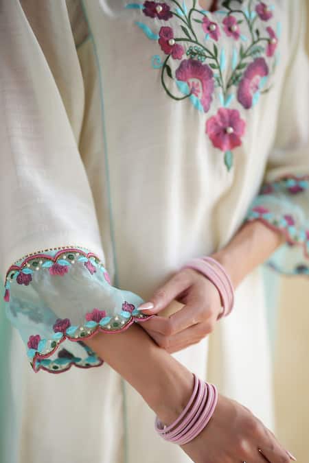 172 Threads_Off White Muslin, Cotton Embroidery Split V-neck Kurta Palazzo Set _Online_at_Aza_Fashions