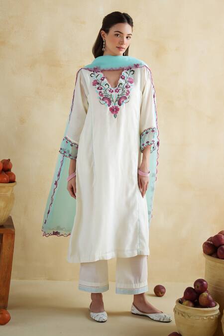 Shop_172 Threads_Off White Muslin, Cotton Embroidery Split V-neck Kurta Palazzo Set _Online_at_Aza_Fashions