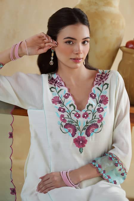 172 Threads_Off White Muslin, Cotton Embroidery Split V-neck Kurta Palazzo Set _at_Aza_Fashions