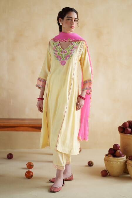 Shop_172 Threads_Yellow Muslin, Cotton, Organza Embroidery Round Butter Kurta Set With Dupatta _Online_at_Aza_Fashions