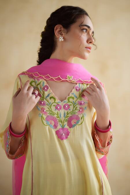 172 Threads_Yellow Muslin, Cotton, Organza Embroidery Round Butter Kurta Set With Dupatta _at_Aza_Fashions