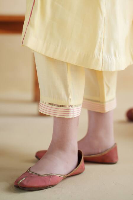 172 Threads_Yellow Muslin, Cotton Embroidery Round Neck Butter Kurta Palazzo Set _Online_at_Aza_Fashions