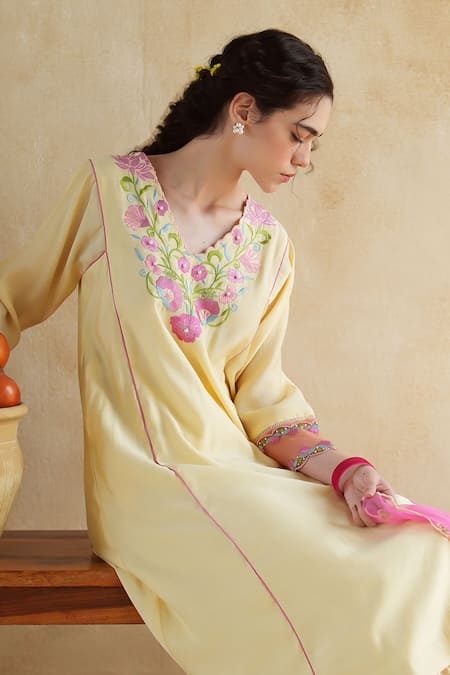 Buy_172 Threads_Yellow Muslin, Cotton Embroidery Round Neck Butter Kurta Palazzo Set _Online_at_Aza_Fashions
