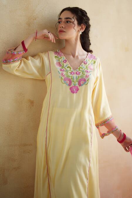 172 Threads_Yellow Muslin, Cotton Embroidery Round Neck Butter Kurta Palazzo Set _at_Aza_Fashions