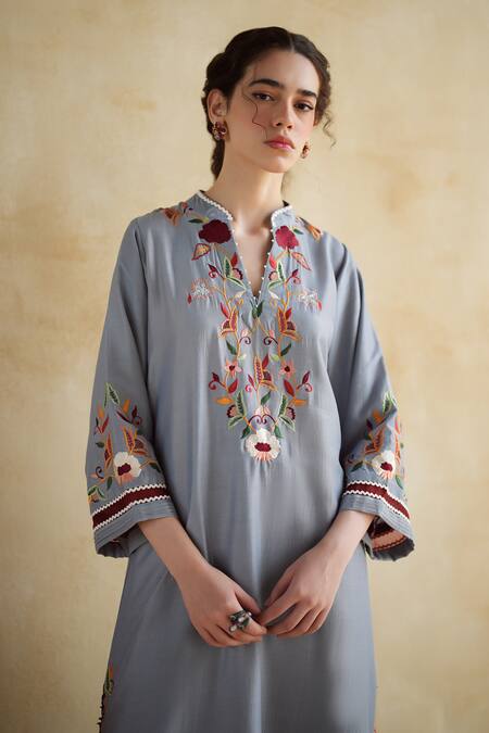 Shop_172 Threads_Slate Muslin, Cotton Embroidery V-neck Gray Kurta Palazzo Set _Online_at_Aza_Fashions