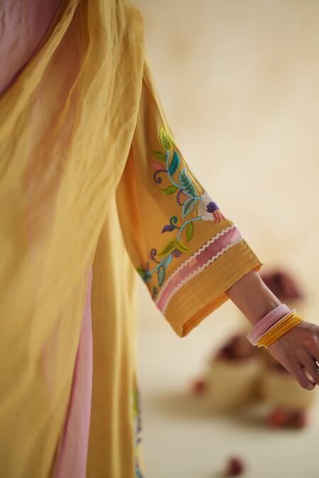 172 Threads_Mustard Muslin, Cotton, Organza Embroidery Split Suraj Kurta Set With Dupatta _Online_at_Aza_Fashions