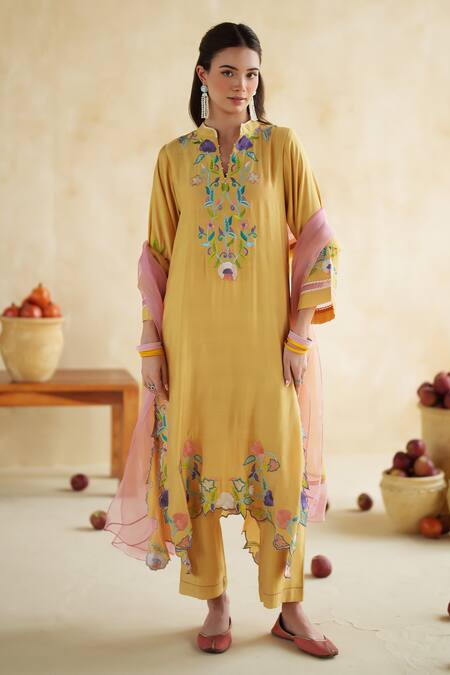 Shop_172 Threads_Mustard Muslin, Cotton, Organza Embroidery Split Suraj Kurta Set With Dupatta _Online_at_Aza_Fashions