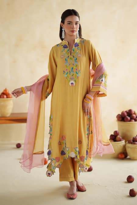 172 Threads Mustard Muslin, Cotton, Organza Embroidery Split Suraj Kurta Set With Dupatta 