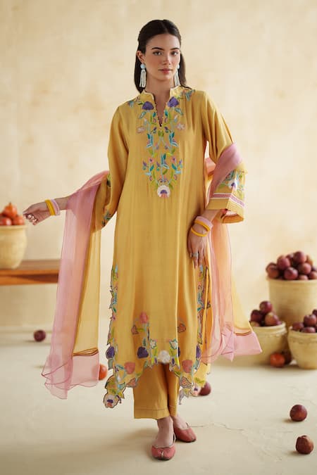 172 Threads Mustard Muslin, Cotton Embroidery Round Neck Kurta Palazzo Set 