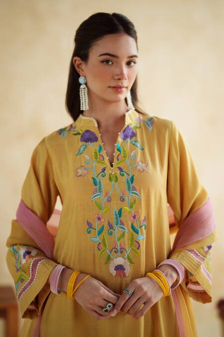 172 Threads_Mustard Muslin, Cotton Embroidery Round Neck Kurta Palazzo Set _Online_at_Aza_Fashions