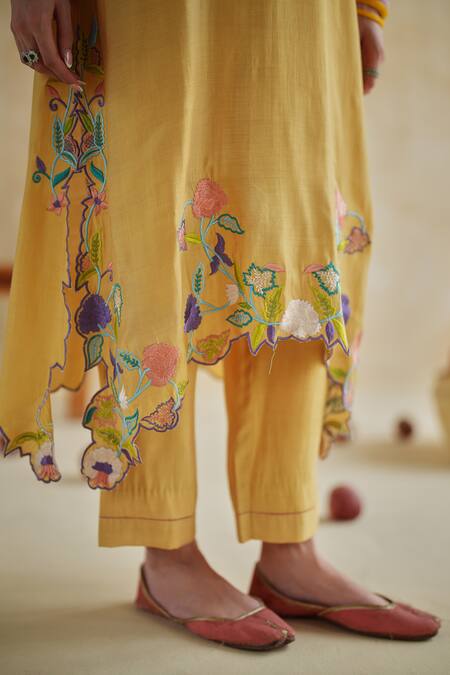 Buy_172 Threads_Mustard Muslin, Cotton Embroidery Round Neck Kurta Palazzo Set _Online_at_Aza_Fashions