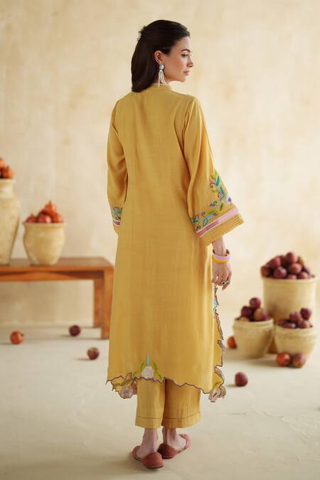 172 Threads_Mustard Muslin, Cotton Embroidery Round Neck Kurta Palazzo Set _at_Aza_Fashions