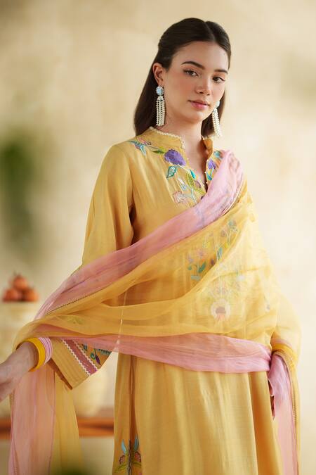 Buy_172 Threads_Mustard Muslin, Cotton Embroidery Round Neck Kurta Palazzo Set 