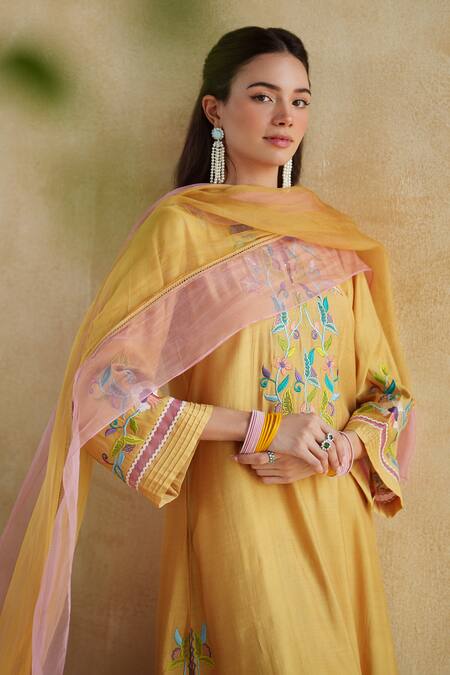 Shop_172 Threads_Mustard Muslin, Cotton Embroidery Round Neck Kurta Palazzo Set 