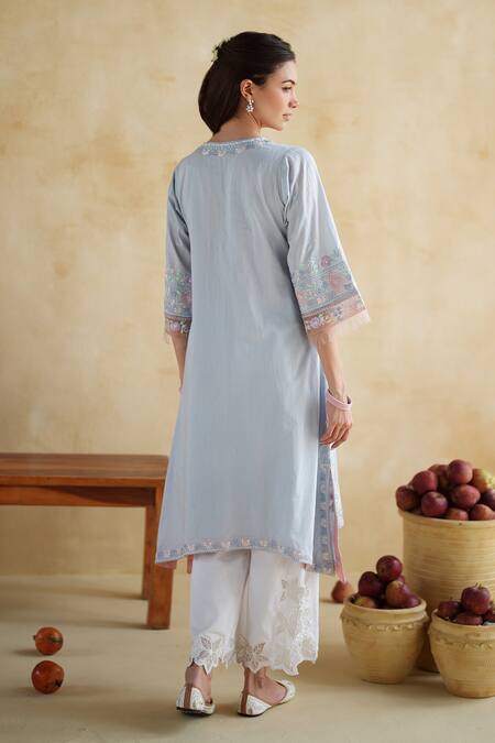 172 Threads_Blue Muslin, Cotton, Organza Embroidery, Lace Keyhole Neck Twilight Kurta Set _Online_at_Aza_Fashions