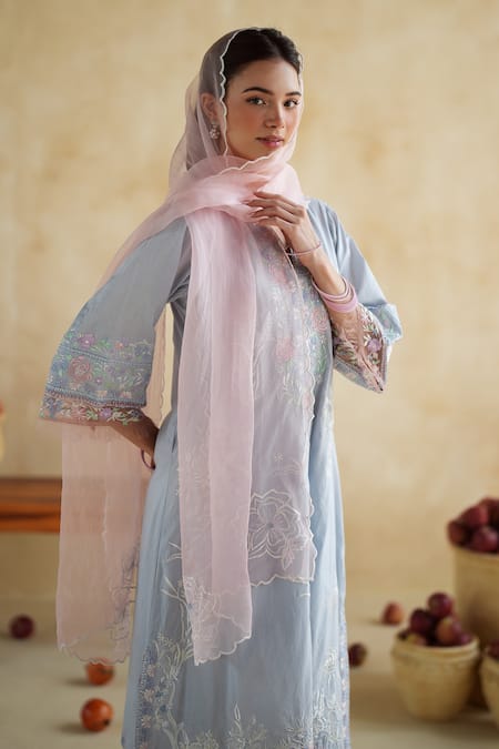 Buy_172 Threads_Blue Muslin, Cotton, Organza Embroidery, Lace Keyhole Neck Twilight Kurta Set _Online_at_Aza_Fashions