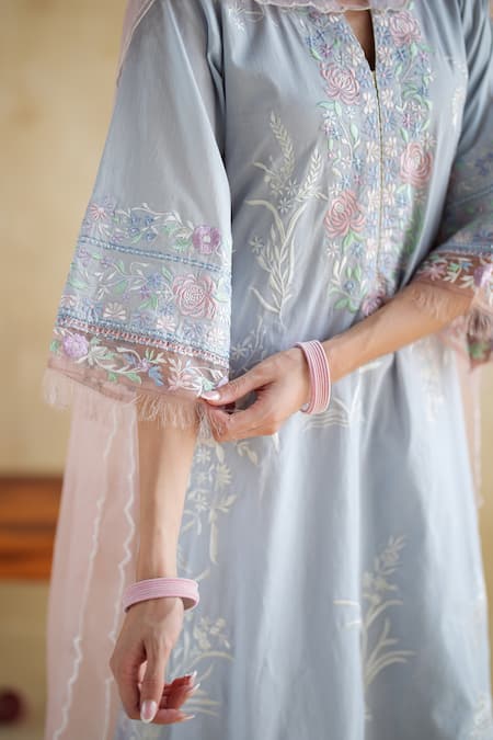 Shop_172 Threads_Blue Muslin, Cotton, Organza Embroidery, Lace Keyhole Neck Twilight Kurta Set _Online_at_Aza_Fashions