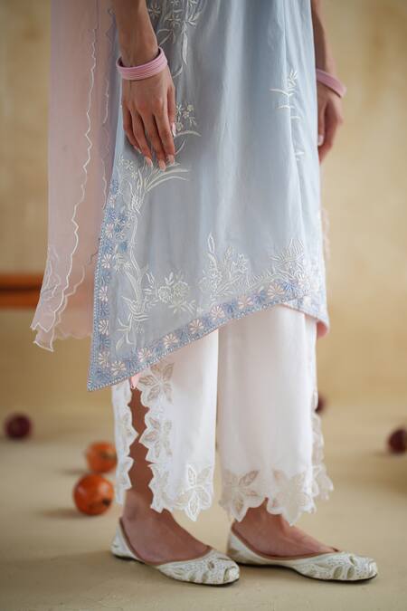 172 Threads_Blue Muslin, Cotton, Organza Embroidery, Lace Keyhole Neck Twilight Kurta Set _at_Aza_Fashions