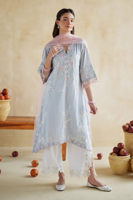 Shop_172 Threads_Blue Muslin, Cotton, Organza Embroidery, Lace Keyhole Neck Twilight Kurta Set 